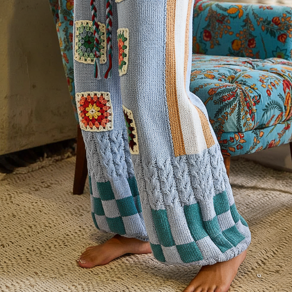 POL Clothing Blue Multi wide-leg knit pants, lower leg detail showing teal checkerboard hem, cable knit panel, and side stripe
