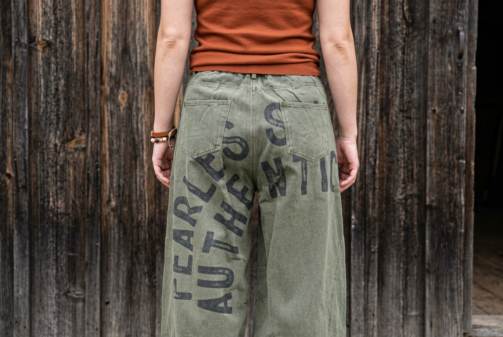 Back of olive statement jeans with patch pockets and large black lettering against weathered timber siding.