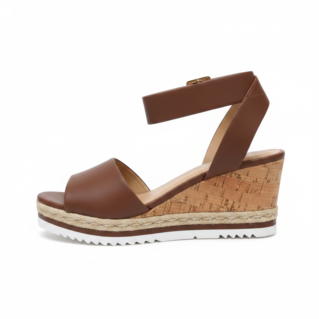 Cityclassified Junior-S brown cork wedge sandal inner side profile with beige footbed and jute-trimmed cork wedge