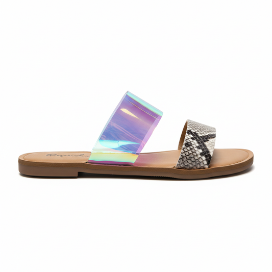 Side profile of Qupid iridescent flat sandals showing holographic strap and blush snake embossed detail