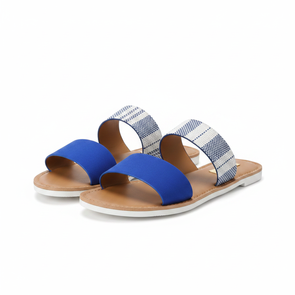 Qupid ATHENA-1076AXX cobalt blue and navy woven two-band flat slide sandals, pair front three-quarter view