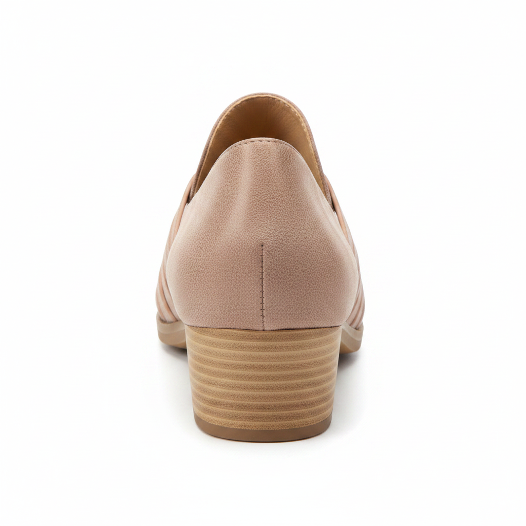 Back view of women's taupe d'Orsay flat showing stacked block heel and distressed suede upper