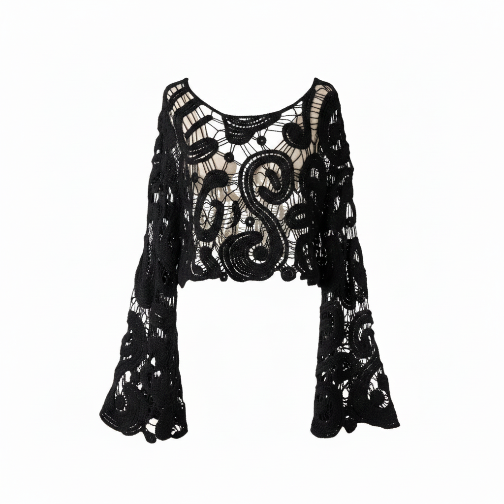Women's black paisley crochet crop top front view scoop neckline bell sleeves sheer open-weave