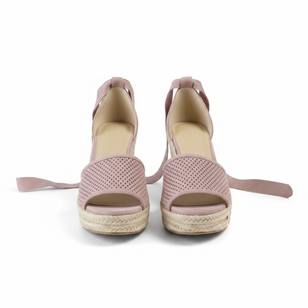 Pair of mauve-grey perforated espadrille wedge sandals straight front view showing open toe and diamond-pattern perforations