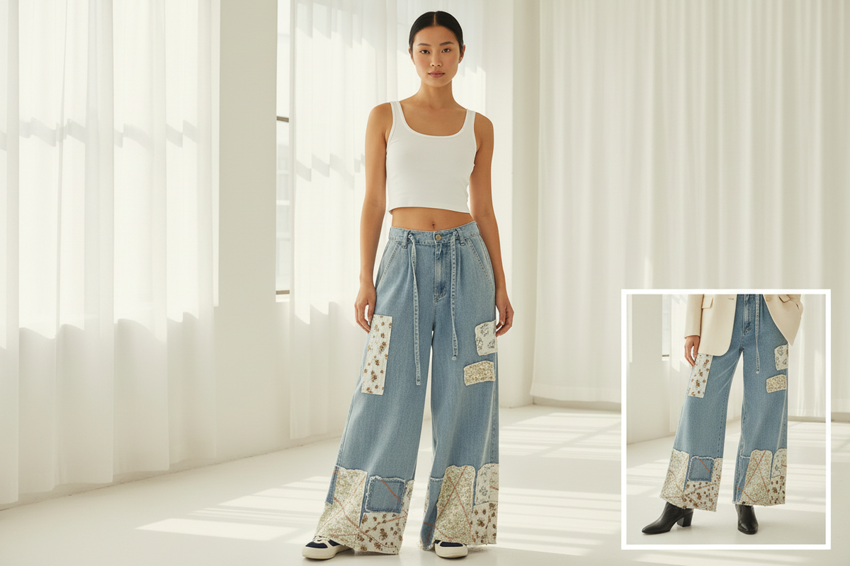 POL Clothing Denim Patchwork Wide-Leg Pants styled with white crop top and slides, full-length lifestyle shot, studio backdrop