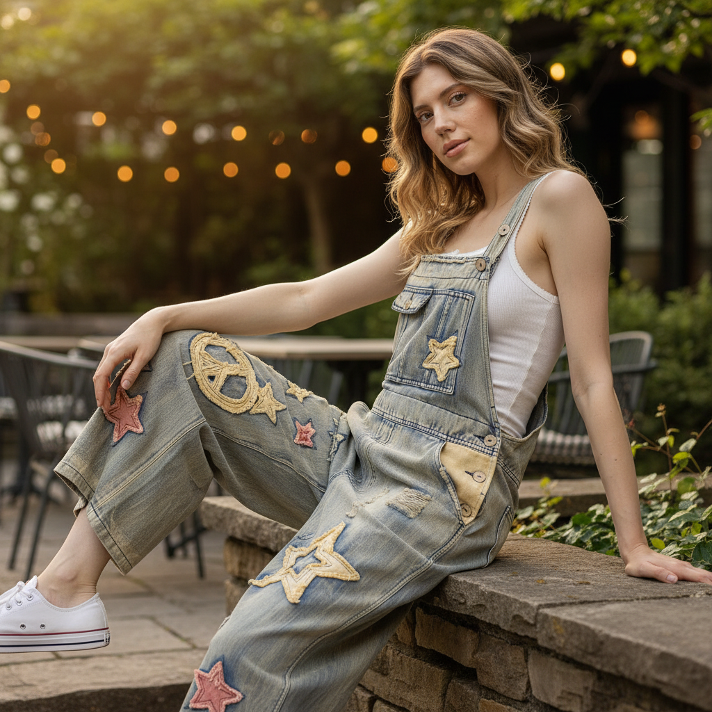 Women's light wash denim star patch jumpsuit, seated pose showing wide-leg drape and volume