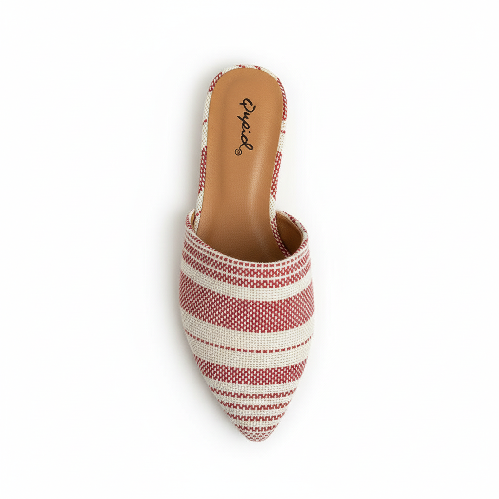 Women's red and cream striped pointed-toe mules - top view