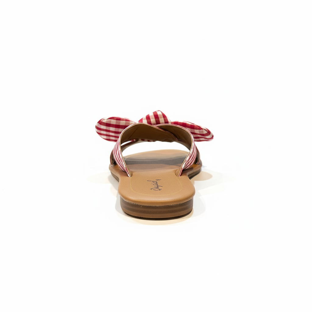 Red checkered bow sandals - back view showing heel and sandal construction