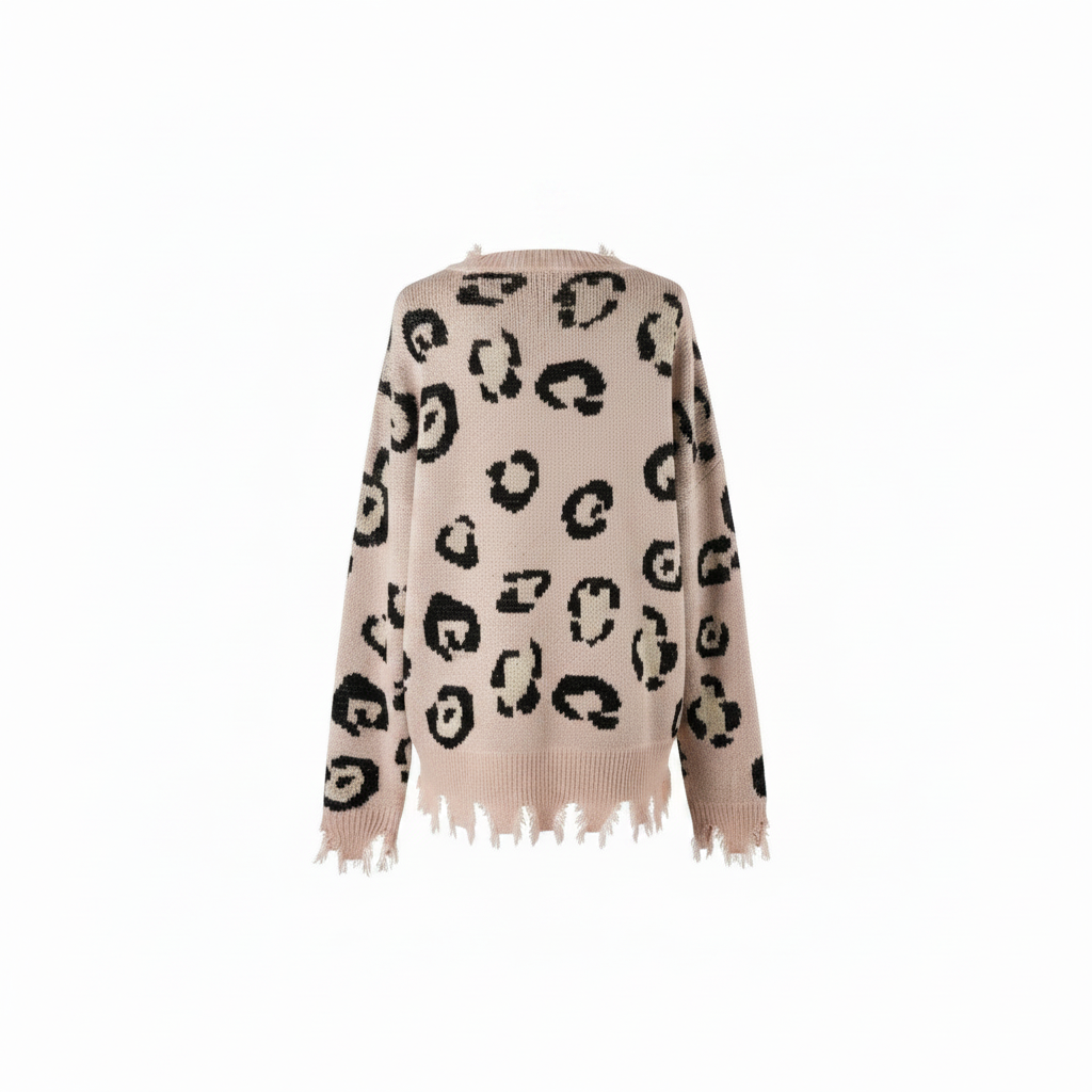 Women's blush pink leopard knit sweater back view, ghost mannequin, distressed fringe hem, oversized fit