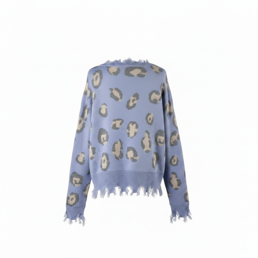 Women's periwinkle blue leopard knit sweater back view, ghost mannequin, distressed fringe hem, oversized fit