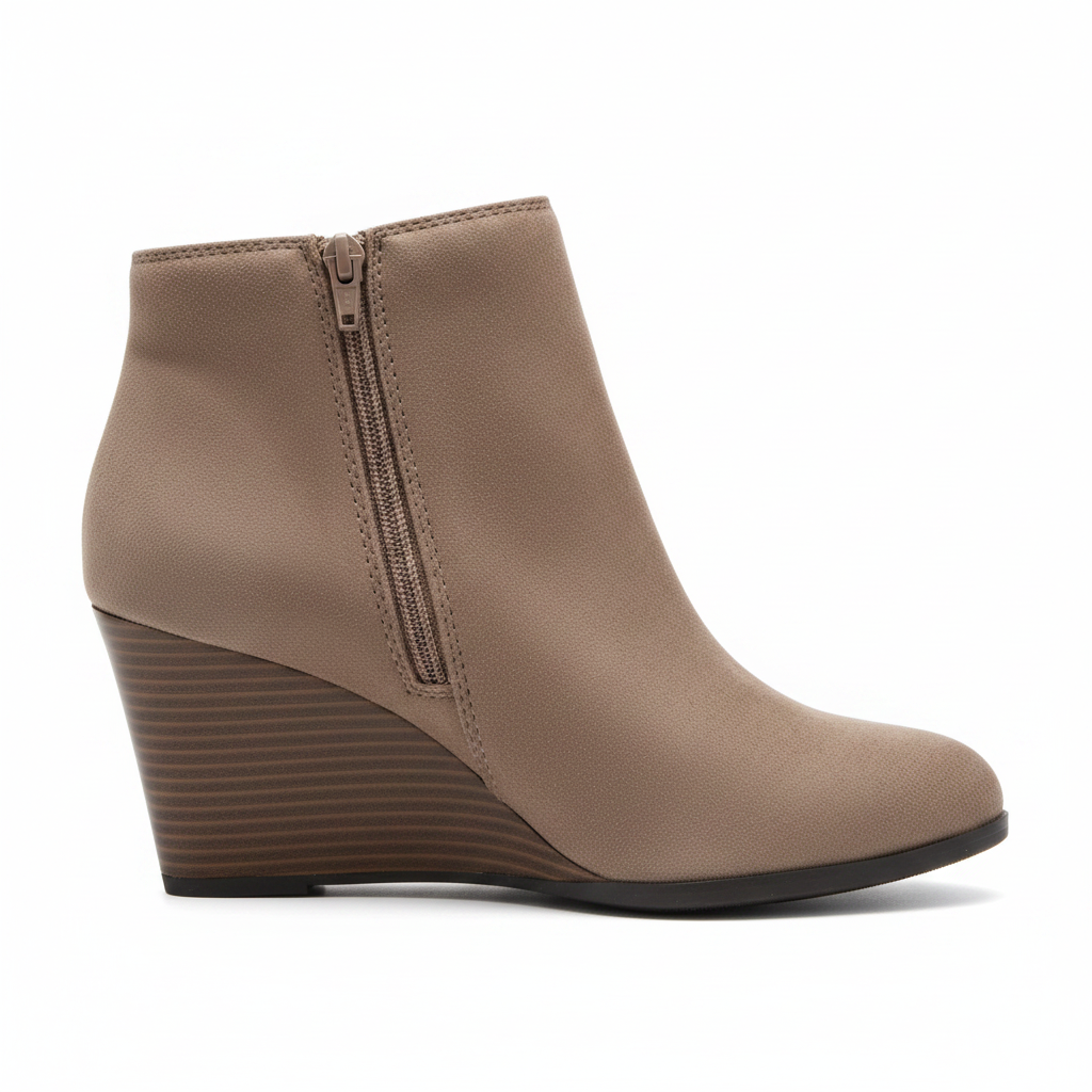 Taupe suede wedge ankle bootie side profile view, toe pointing right, stacked wood-look heel - Soda Shoes