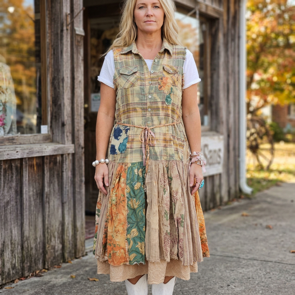 Woman wearing a sage and tan plaid patchwork dress over a white tee outside a rustic shop.