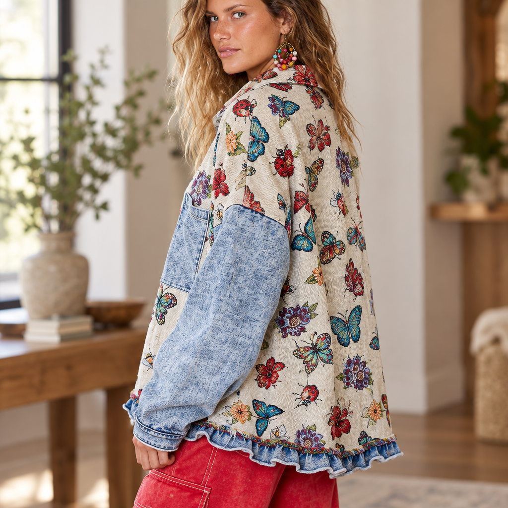 POL Clothing women's Almond Multi butterfly floral jacket sleeve and ruffle hem detail