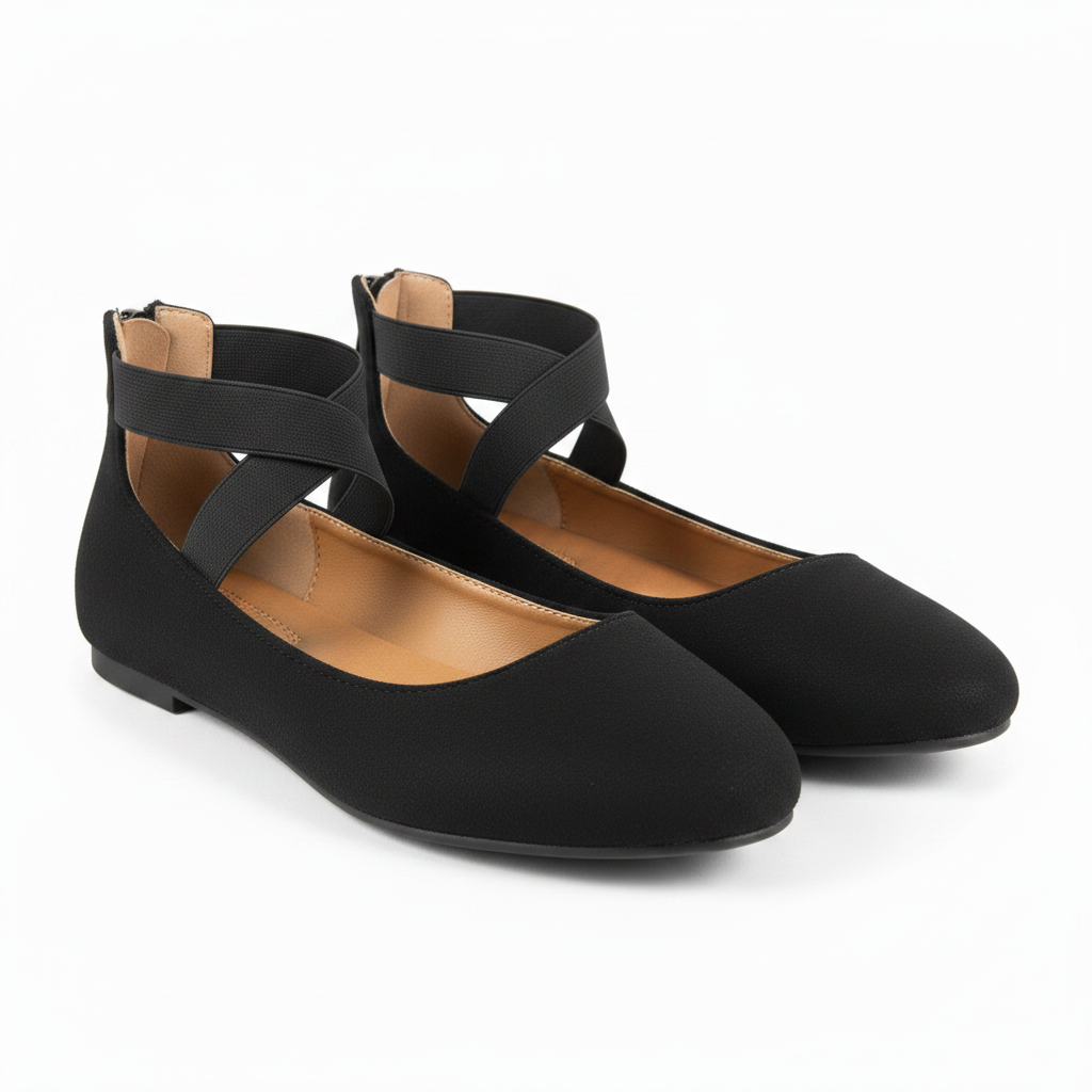 Bella Marie black suede ballet flats with crisscross ankle straps, front three-quarter hero view, both shoes on white background