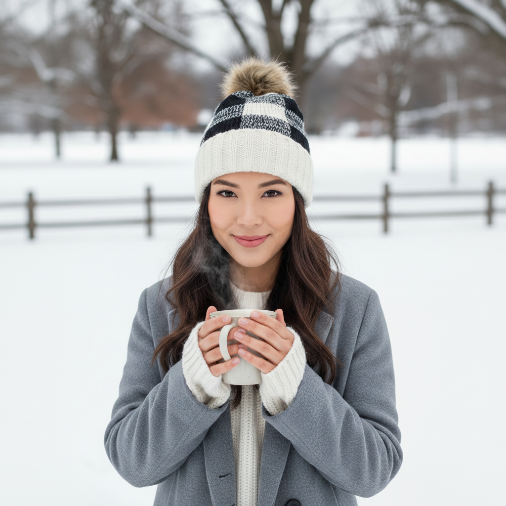Woman wearing black and white buffalo plaid beanie - lifestyle photo showing casual winter style