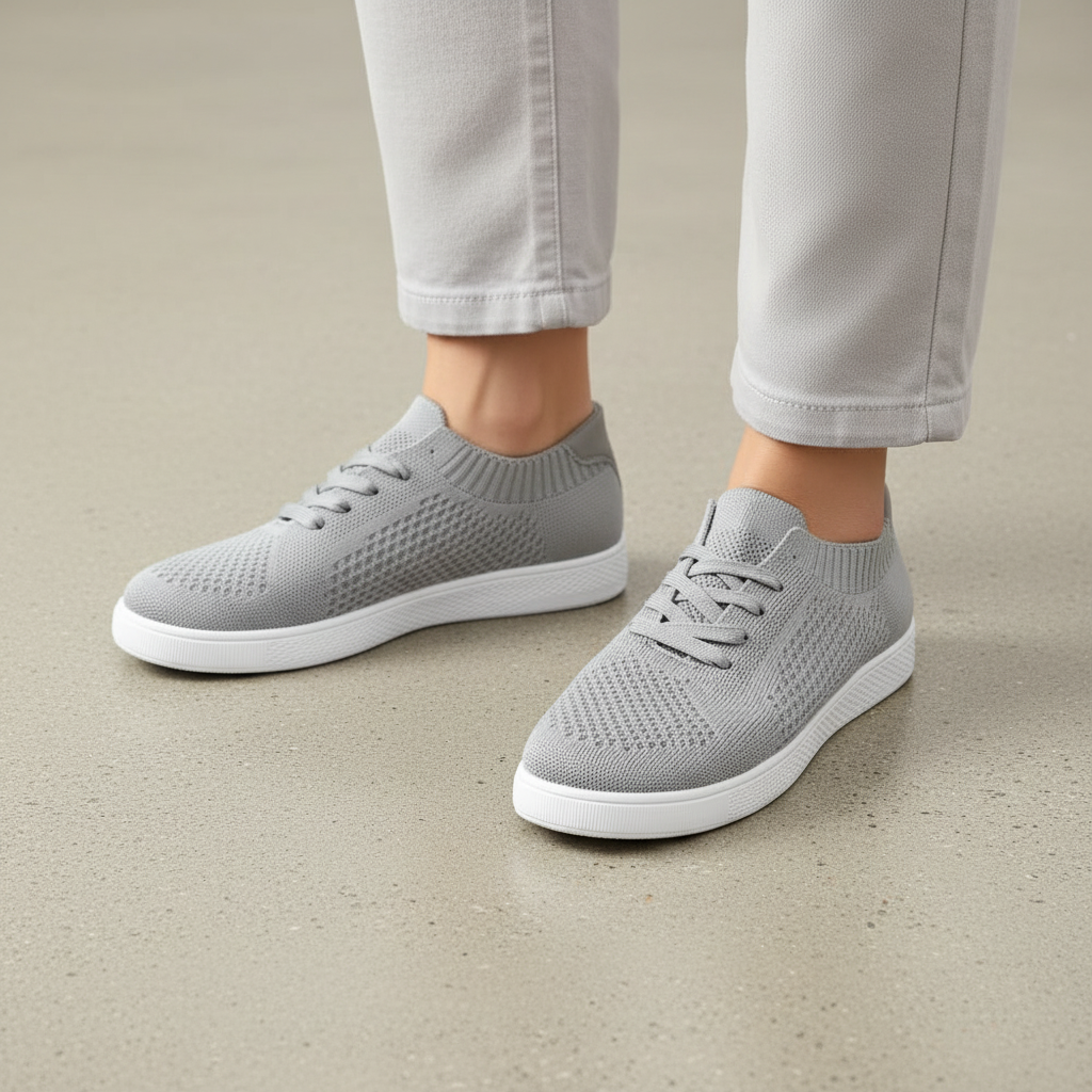 Women's light grey flyknit sneakers worn as a pair on concrete with grey joggers relaxed everyday look
