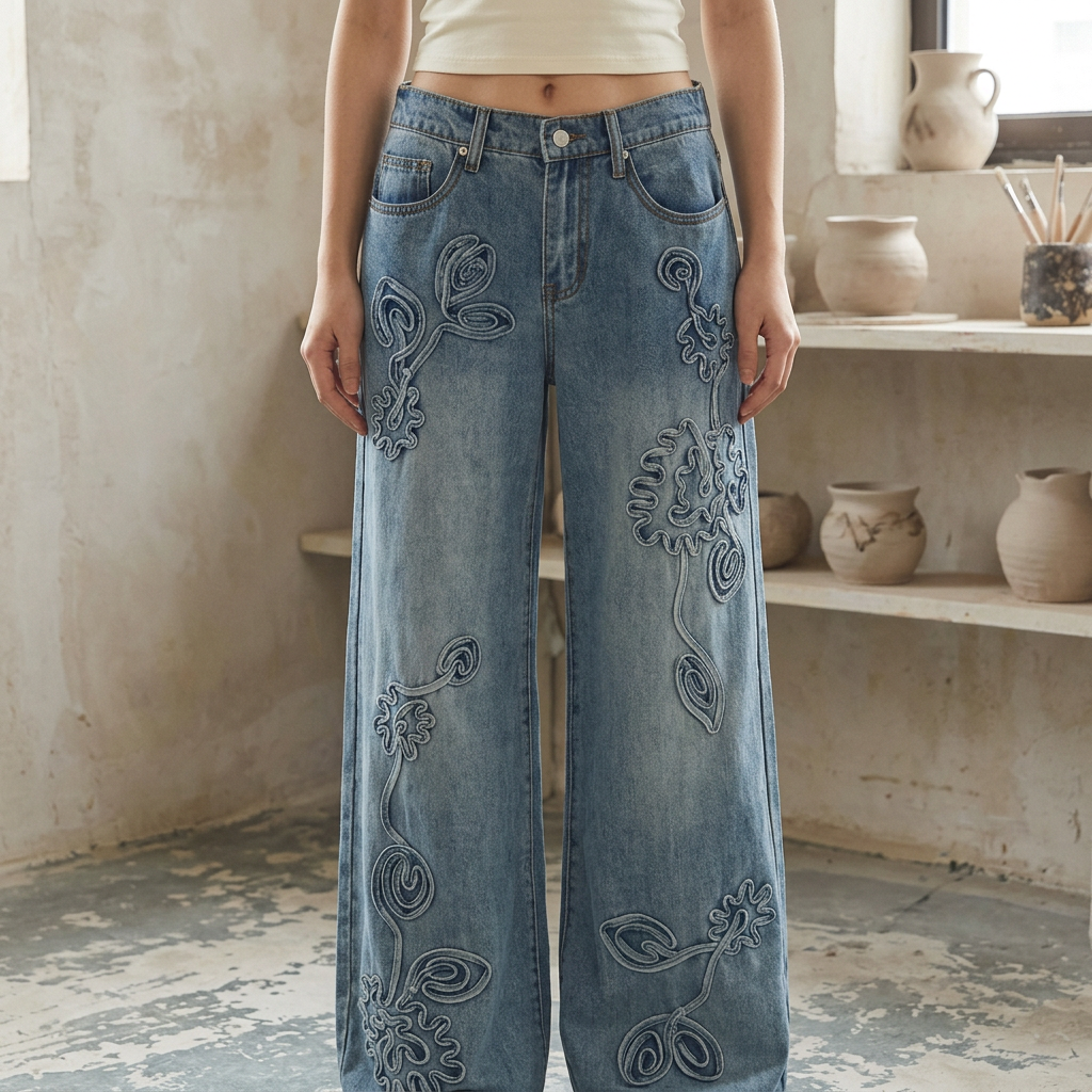 Front detail of washed blue jeans showing tonal floral appliques, curved pockets and a button waistband.
