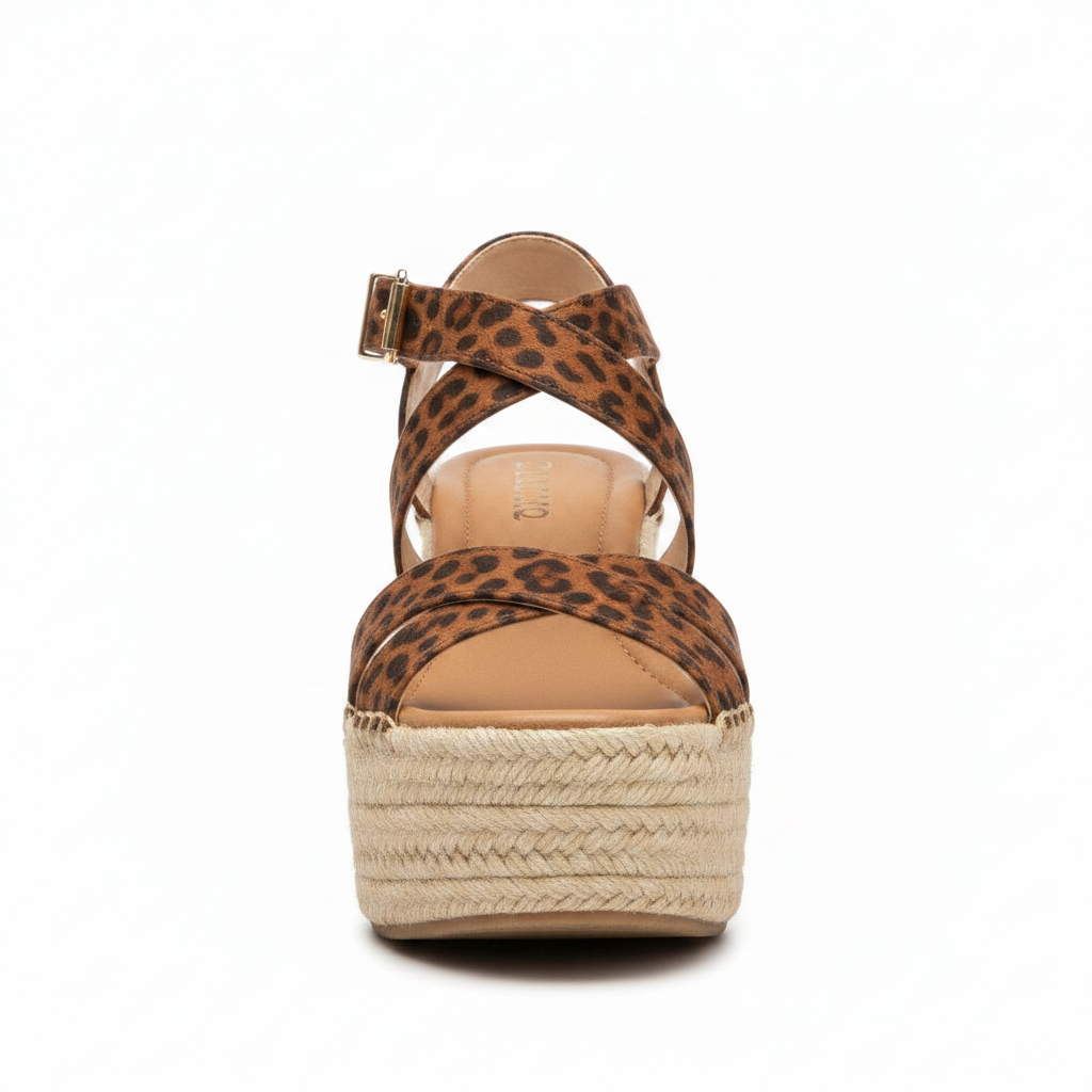 Front view of leopard print crisscross ankle strap espadrille wedge sandal, open toe, gold buckle hardware, white background
