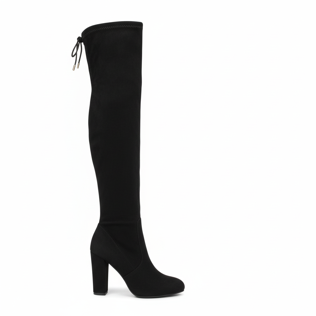 Women's black suede over-the-knee boots side profile - comfortable block heel and full height
