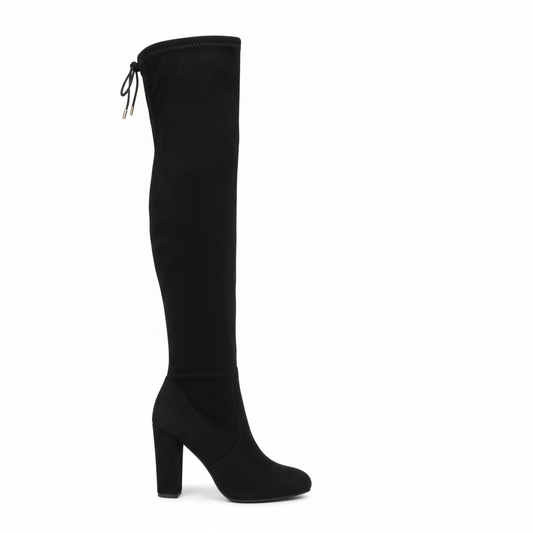 Women's black suede over-the-knee boots side profile - comfortable block heel and full height
