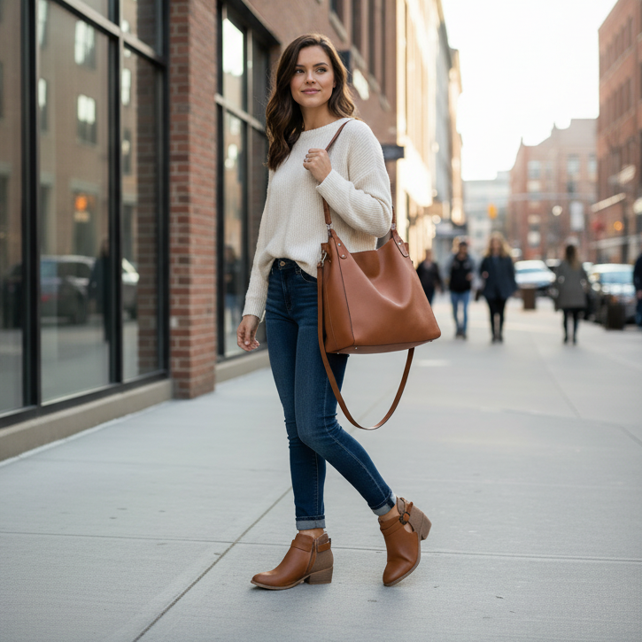 Woman walking on a city street wearing a white sweater, blue jeans, brown boots, and carrying a brown leather handbag.