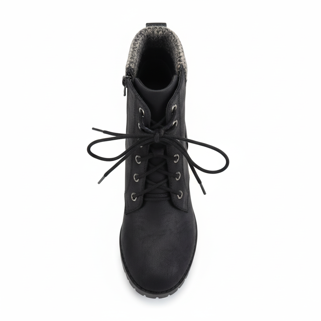 Black lace-up block heel combat ankle boot with grey knit collar, top view showing lace detail, white background