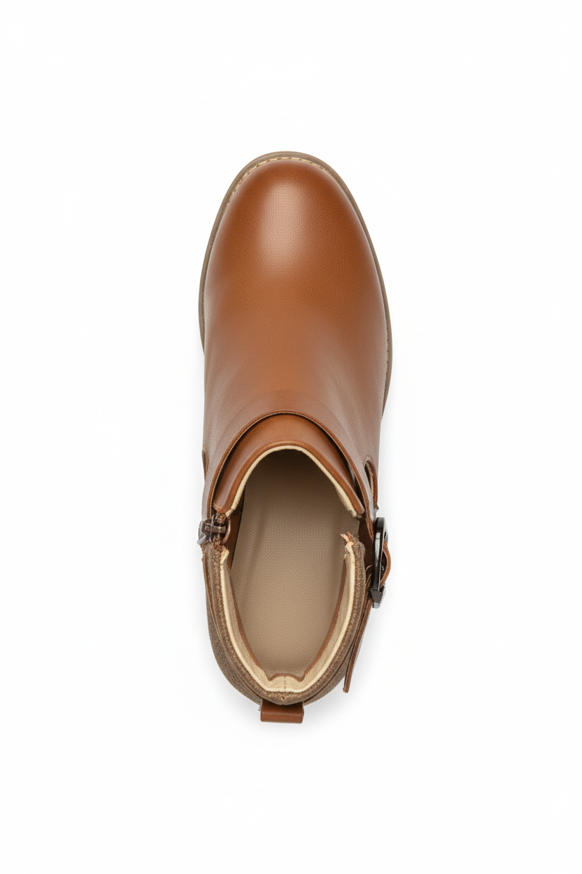 Tan ankle bootie top view showing insole and perforated detail