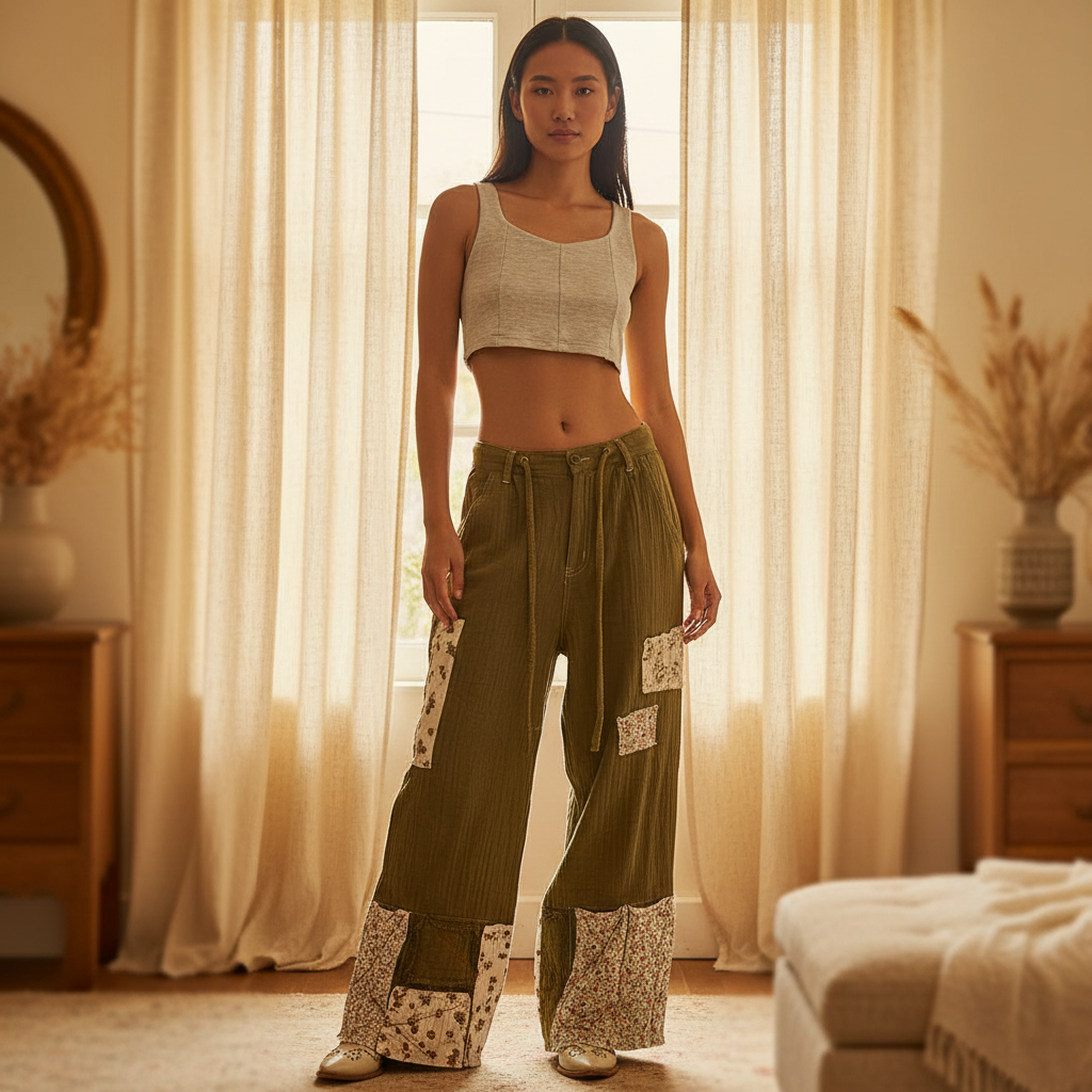 Women's olive quilted wide-leg patchwork pants, standing, floral patches, crinkle cotton, boho fit - BellanBlue
