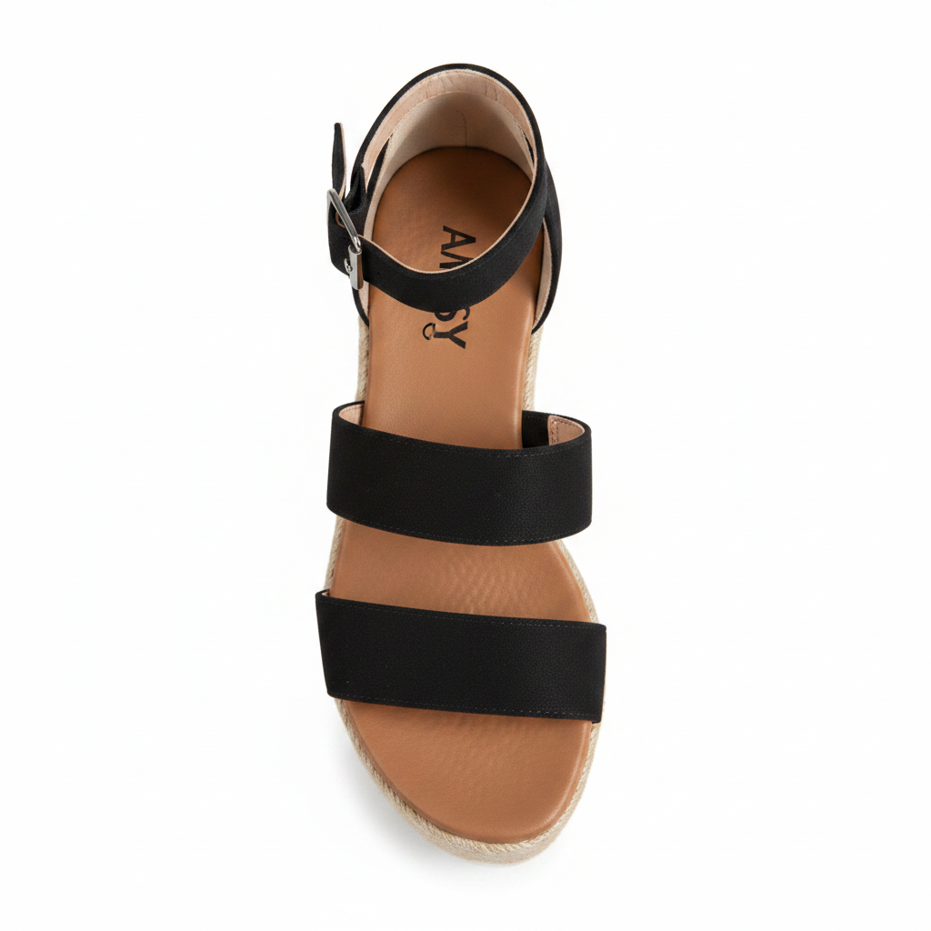AMS EMMA-25 black espadrille wedge sandal, straight front view showing three-strap upper, white background