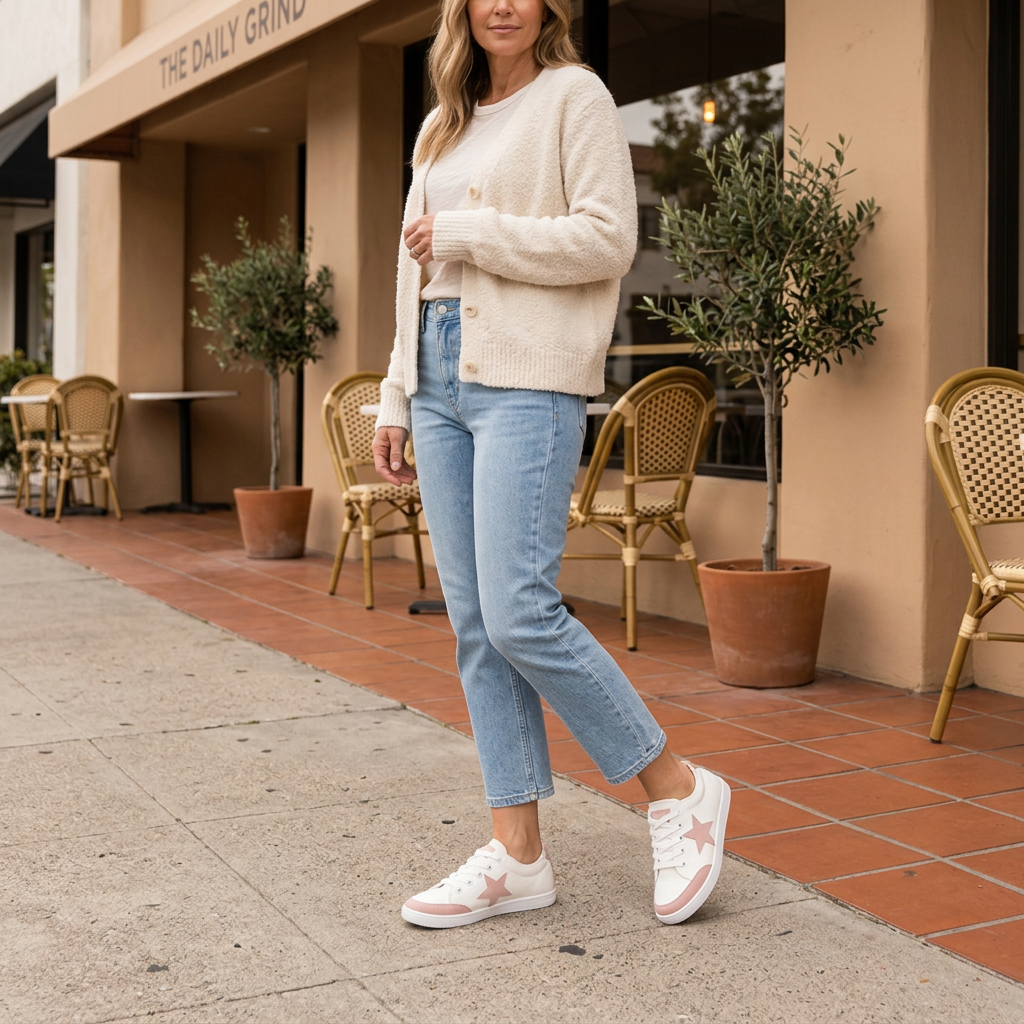 Women's white canvas sneakers with blush pink stars styled with jeans outside a cafe - BellanBlue