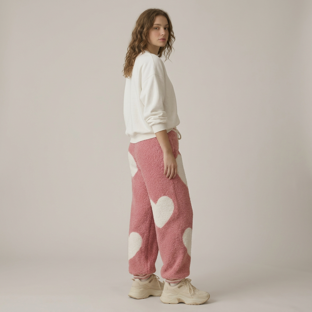 Rear three-quarter view of pink fuzzy white-heart joggers with striped ankle cuffs against a light gray backdrop.