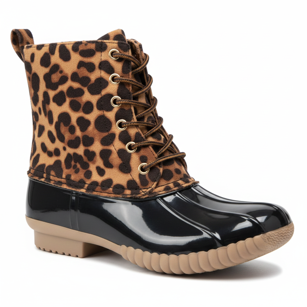 Women's leopard duck boot 3/4 angle showing tan and black print upper, black rubber lower, gold eyelet lacing - Yoki