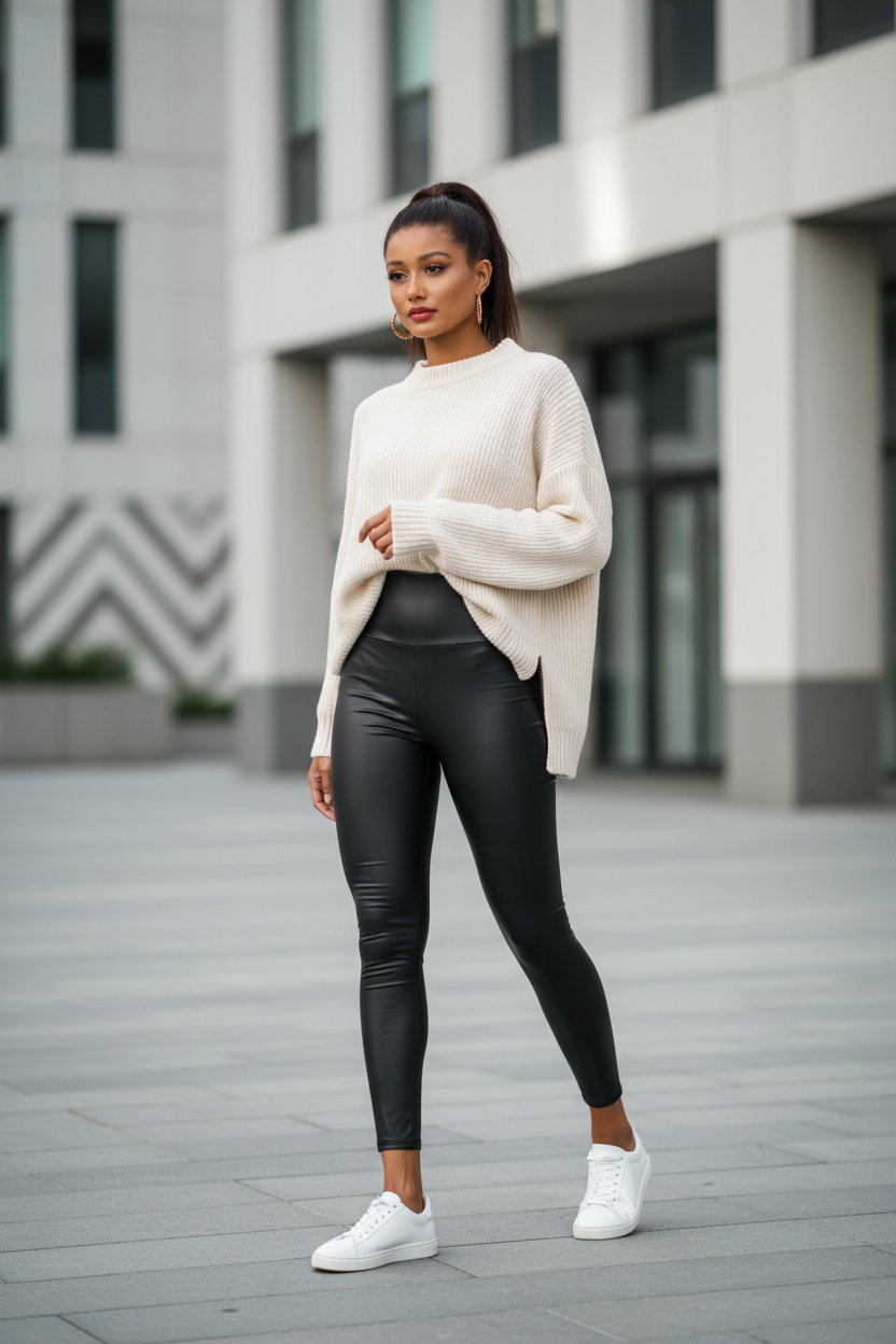 Woman wearing high waisted faux leather leggings styled with oversized sweater and sneakers in urban setting