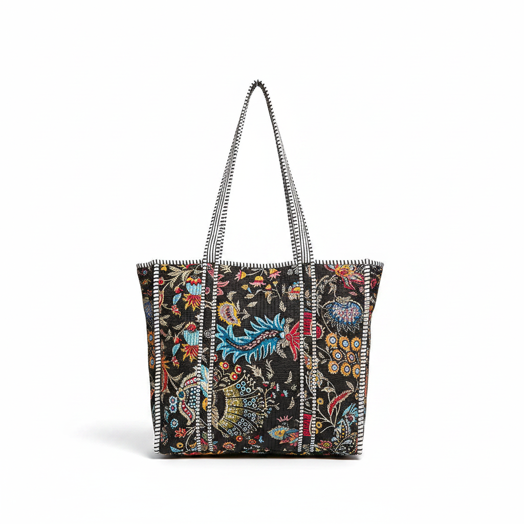 Women's quilted printed everyday tote bag back panel view, stitching detail, white studio background