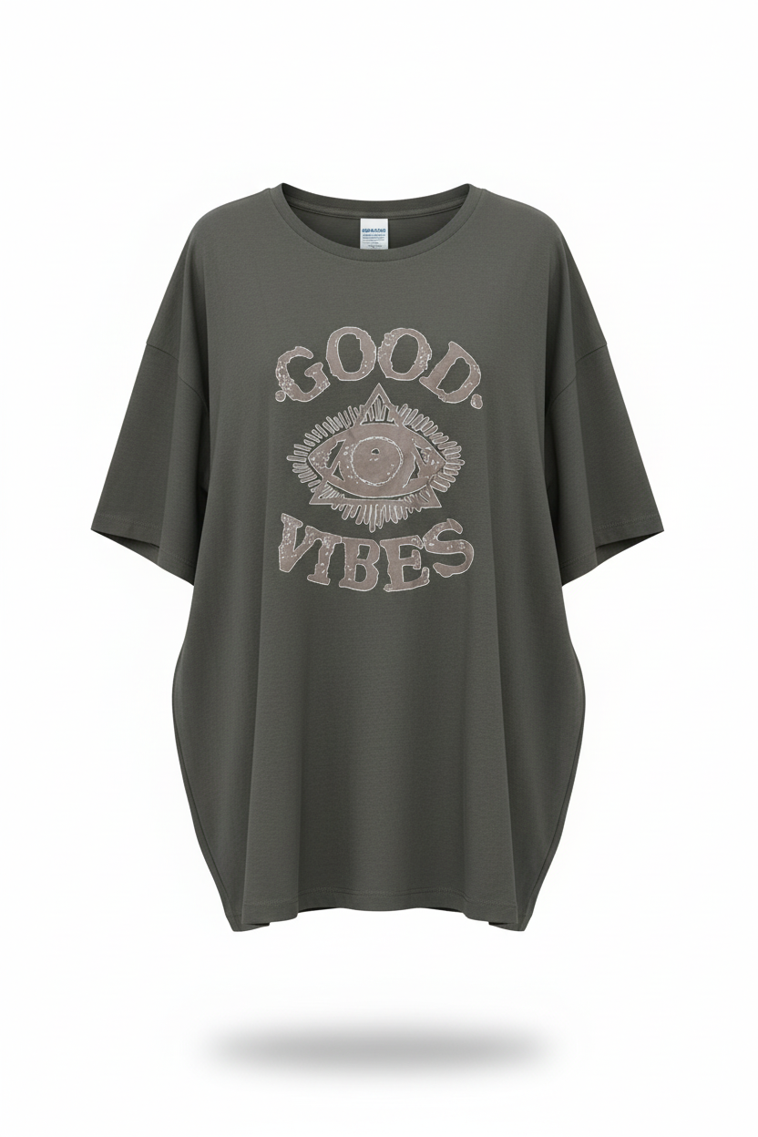 Good Vibes oversized graphic tee in charcoal - front view showing mystical eye design and Good Vibes text