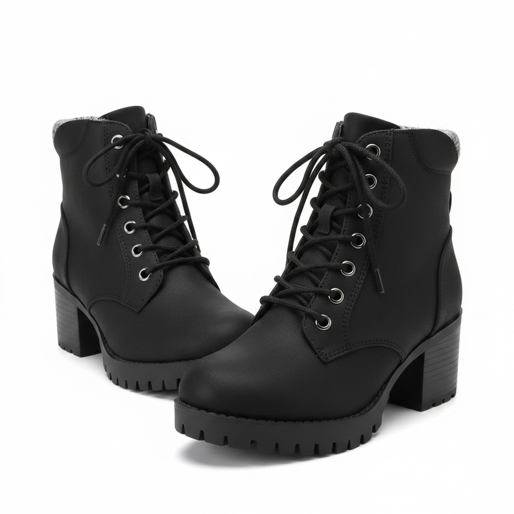 Soda black lace-up ankle boots both shoes front three-quarter view, knit collar trim and block lug sole