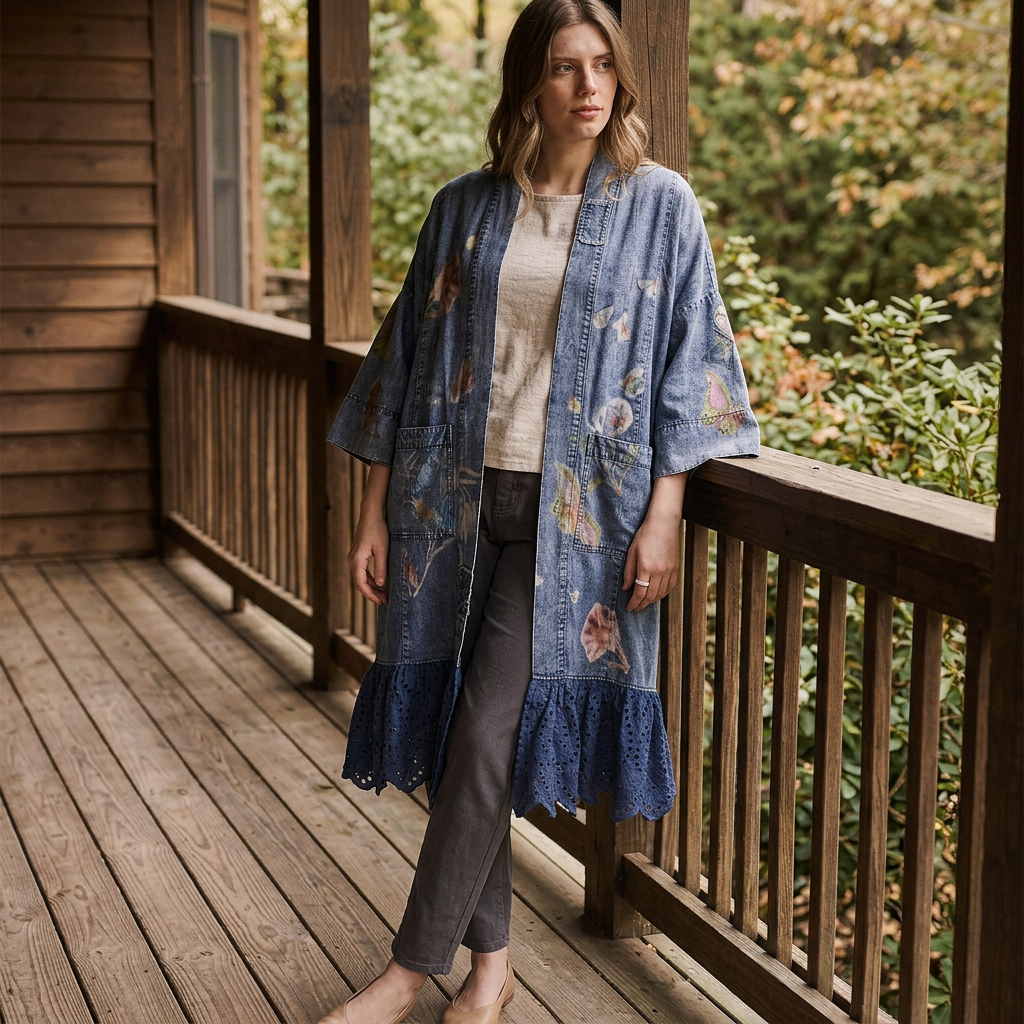 Blue Velvet women's blue open-front floral kimono with wide sleeves and ruffle hem on a wooden porch