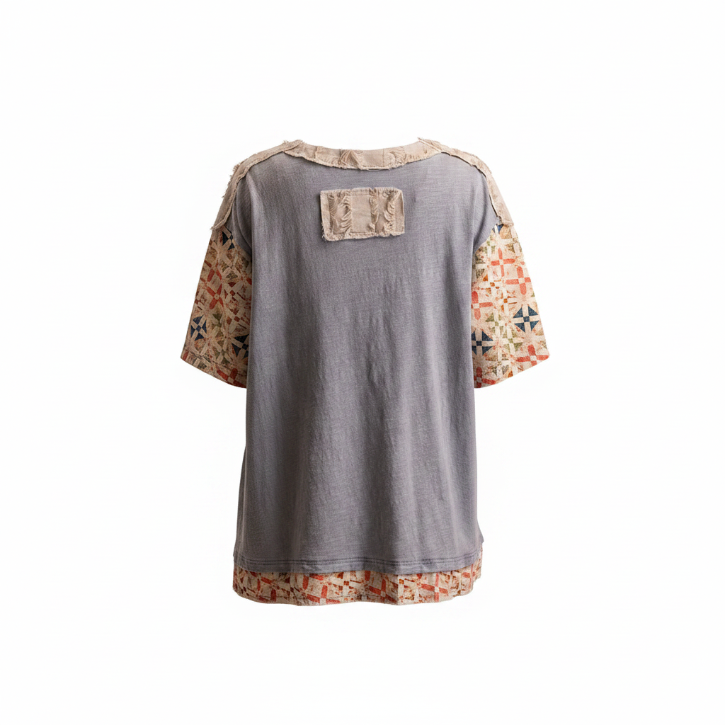 Bluevelvet dusty blue patchwork top, frayed yoke patch and quilt sleeves, ghost mannequin back view