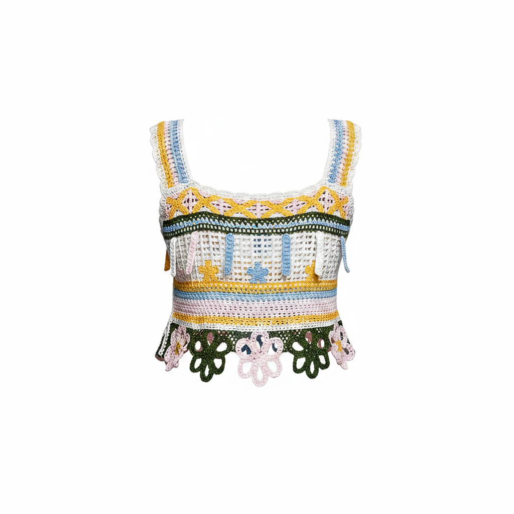 POL women's multicolor crochet crop top back view, wide straps and open weave texture