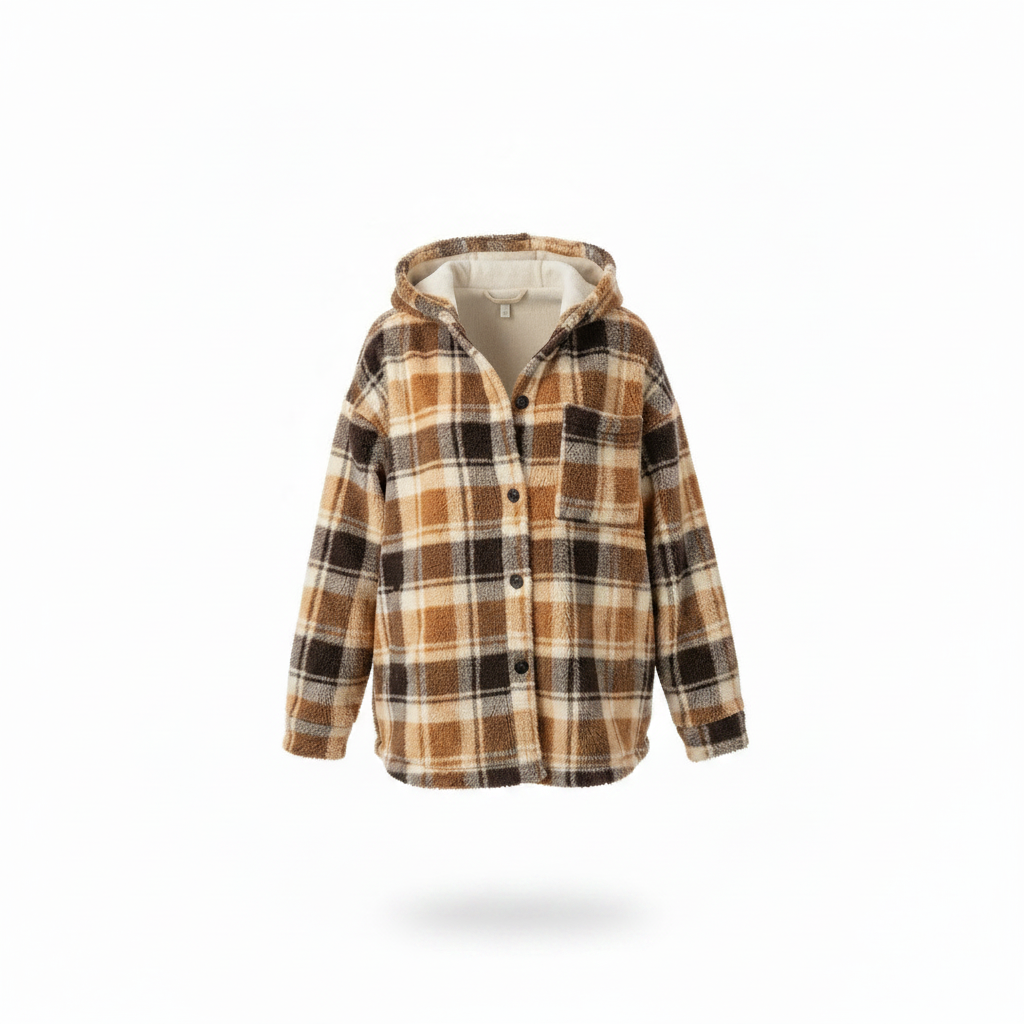 Women's brown plaid fuzzy sherpa shacket ghost mannequin front view hooded oversized fit - BellanBlue