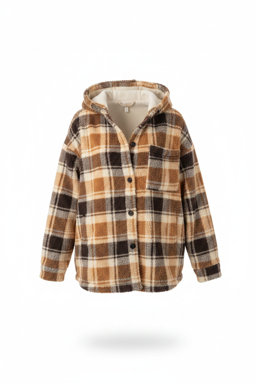 Women's brown plaid fuzzy sherpa shacket ghost mannequin front view hooded oversized fit - BellanBlue