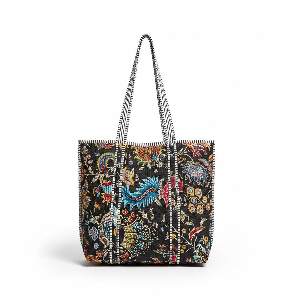 Women's quilted printed tote bag front view, structured silhouette, light neutral studio background