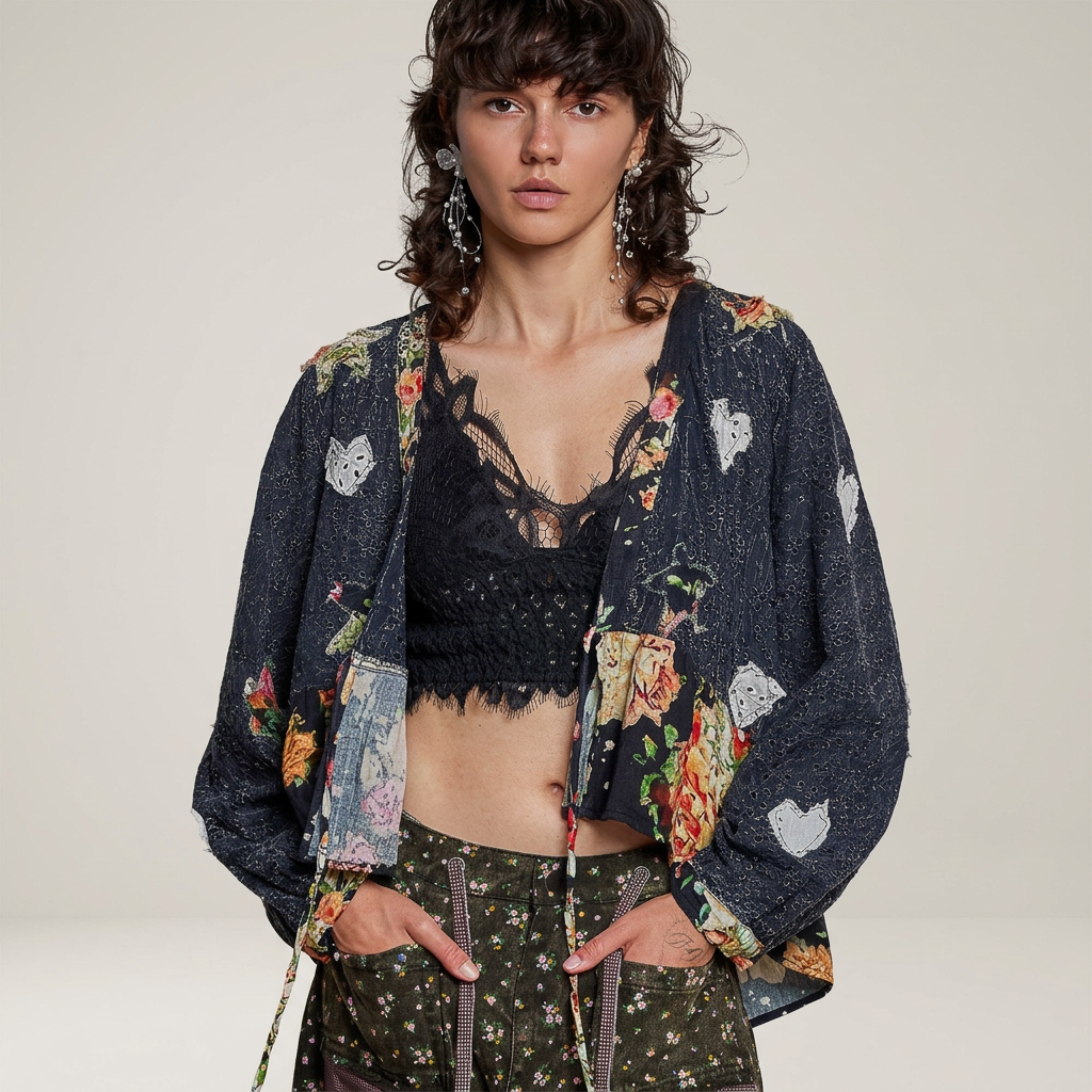 Front view of black eyelet cardigan with white heart patches and floral trim, worn over a black lace top.