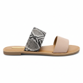 Women's blush suede double-strap flat slide sandal snake print ankle strap flat sole side profile white background