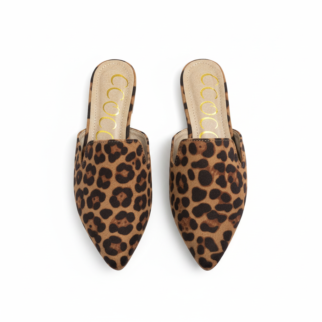 Pair of leopard print mules on a white background