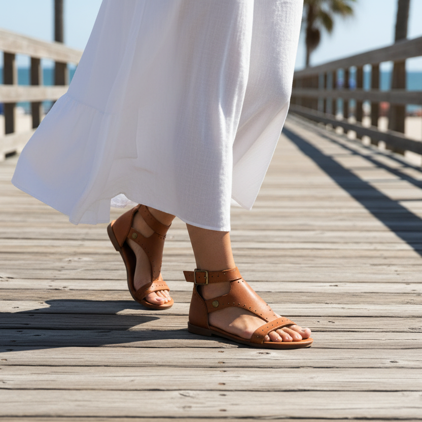 Woman wearing tan gladiator sandals walking on beach boardwalk in white summer dress