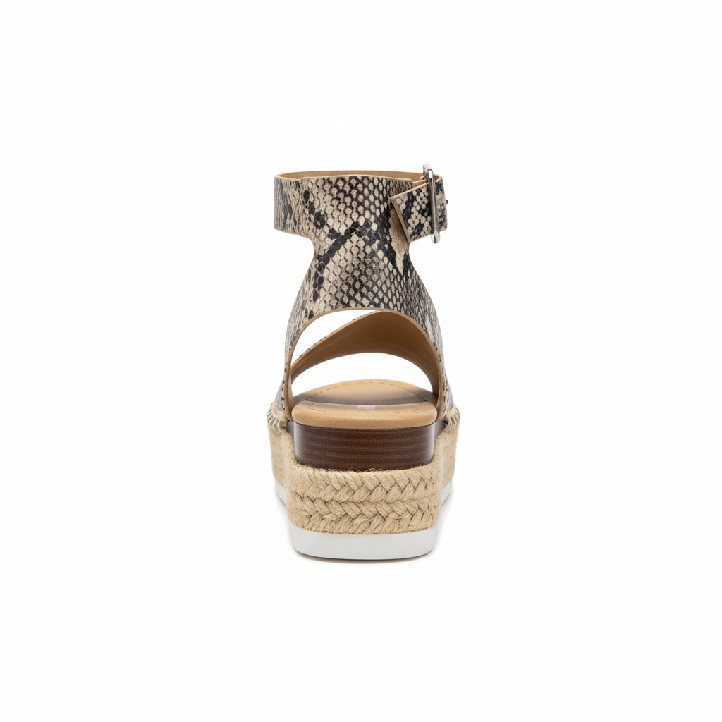Women's dark charcoal grey python espadrille platform sandal back view ankle strap buckle detail jute braided platform heel