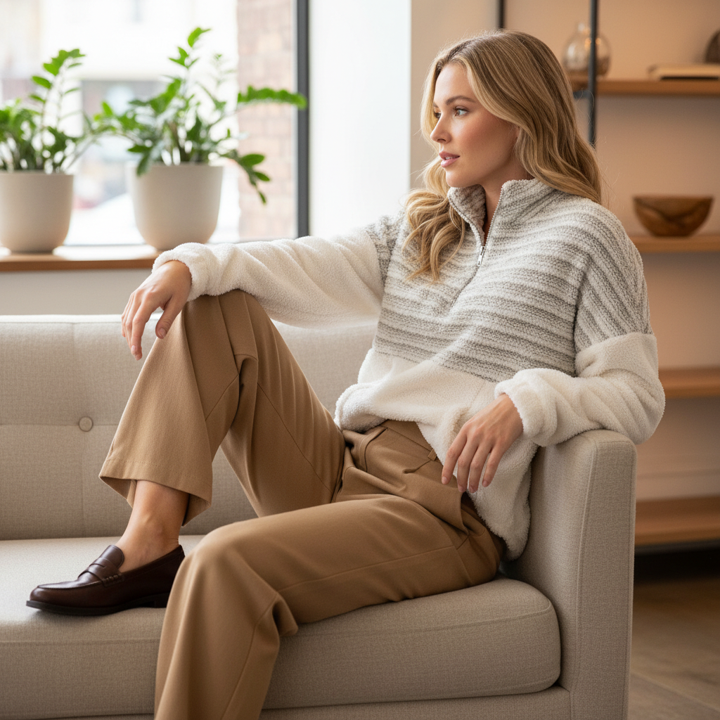 Vanilla Bay faux shearling pullover sweatshirt with ribbed yoke, cozy boutique interior styling