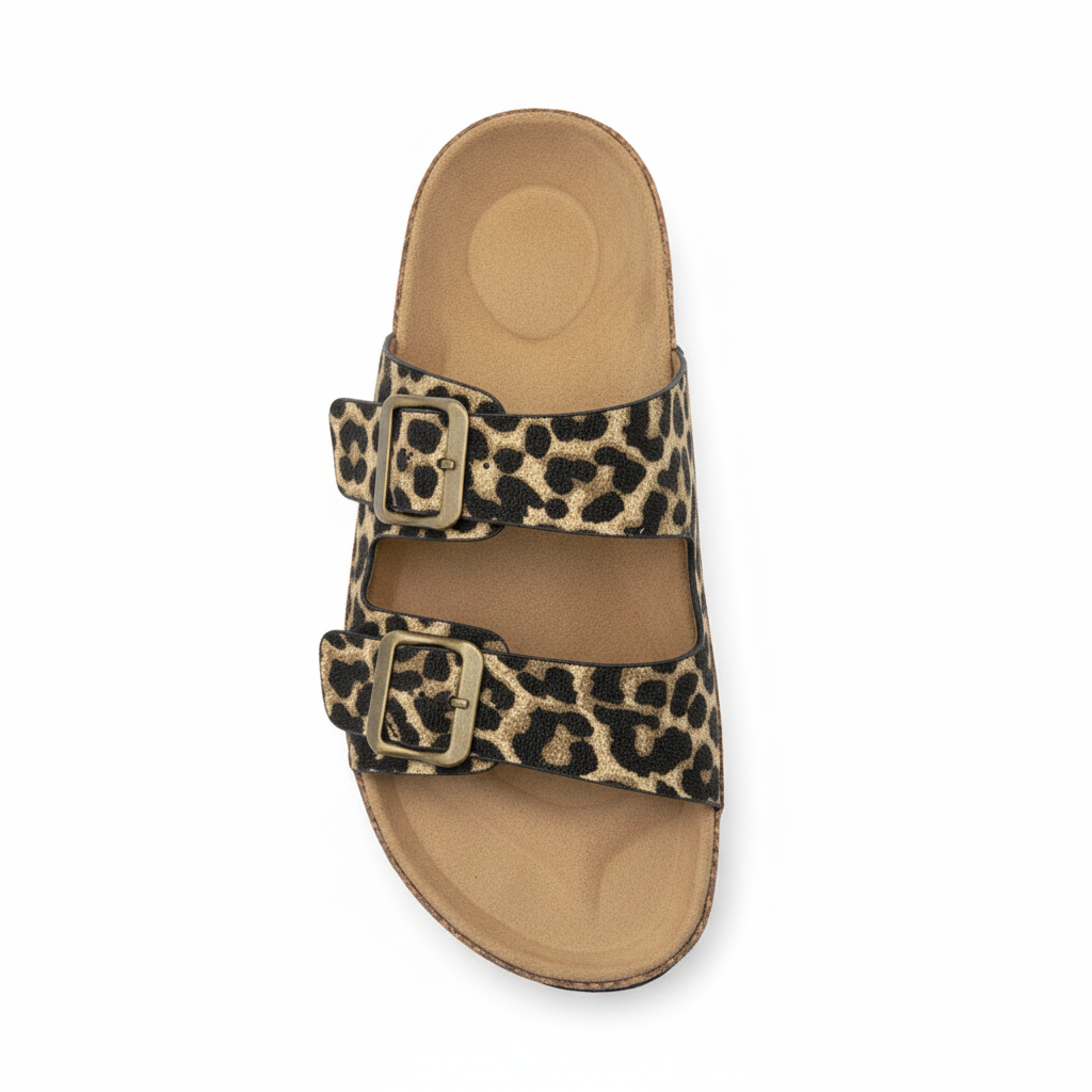 Women's leopard double strap slide sandal top view showing two wide buckle straps cork platform tan footbed
