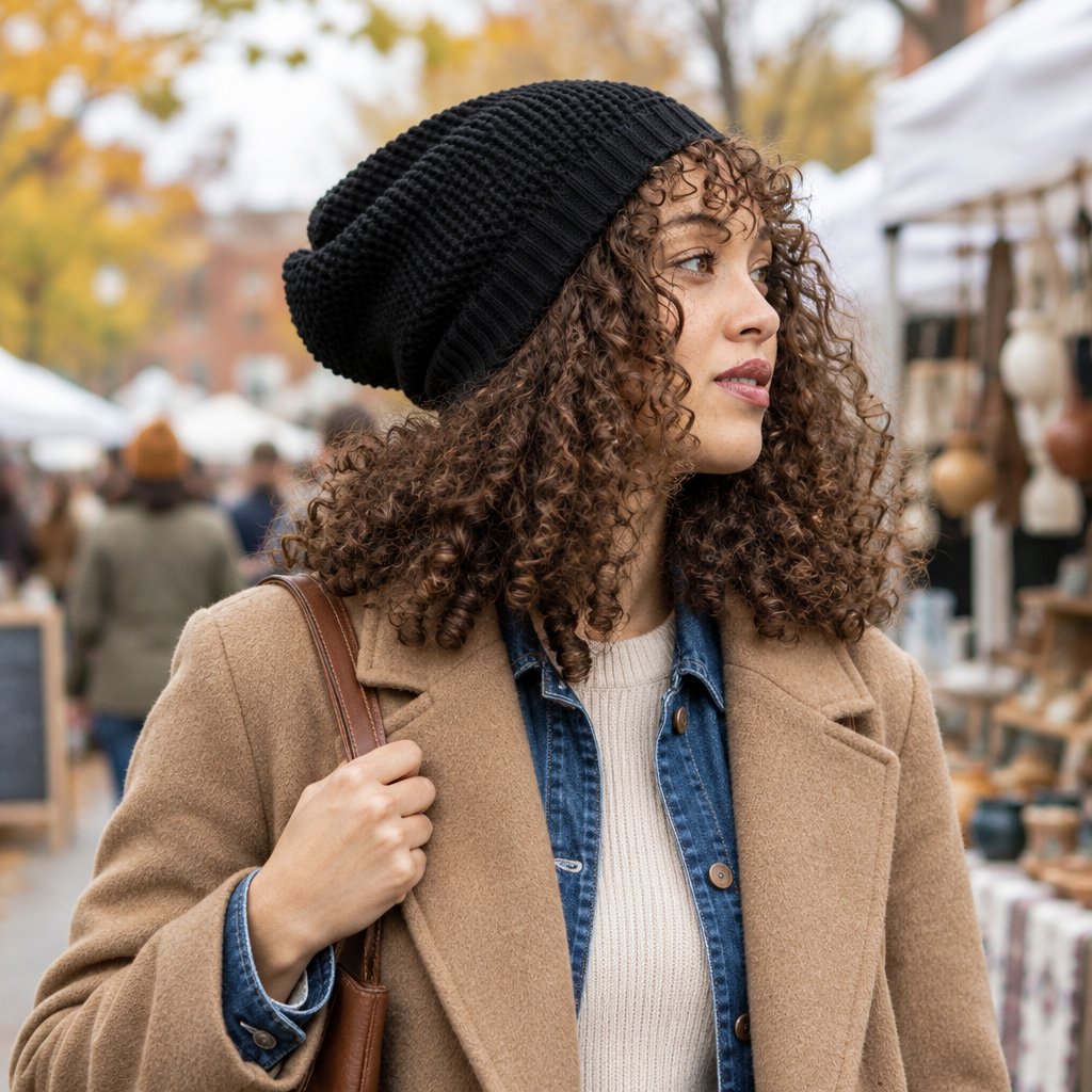 Leto Collection women's black waffle-knit slouch beanie at an outdoor artisan market